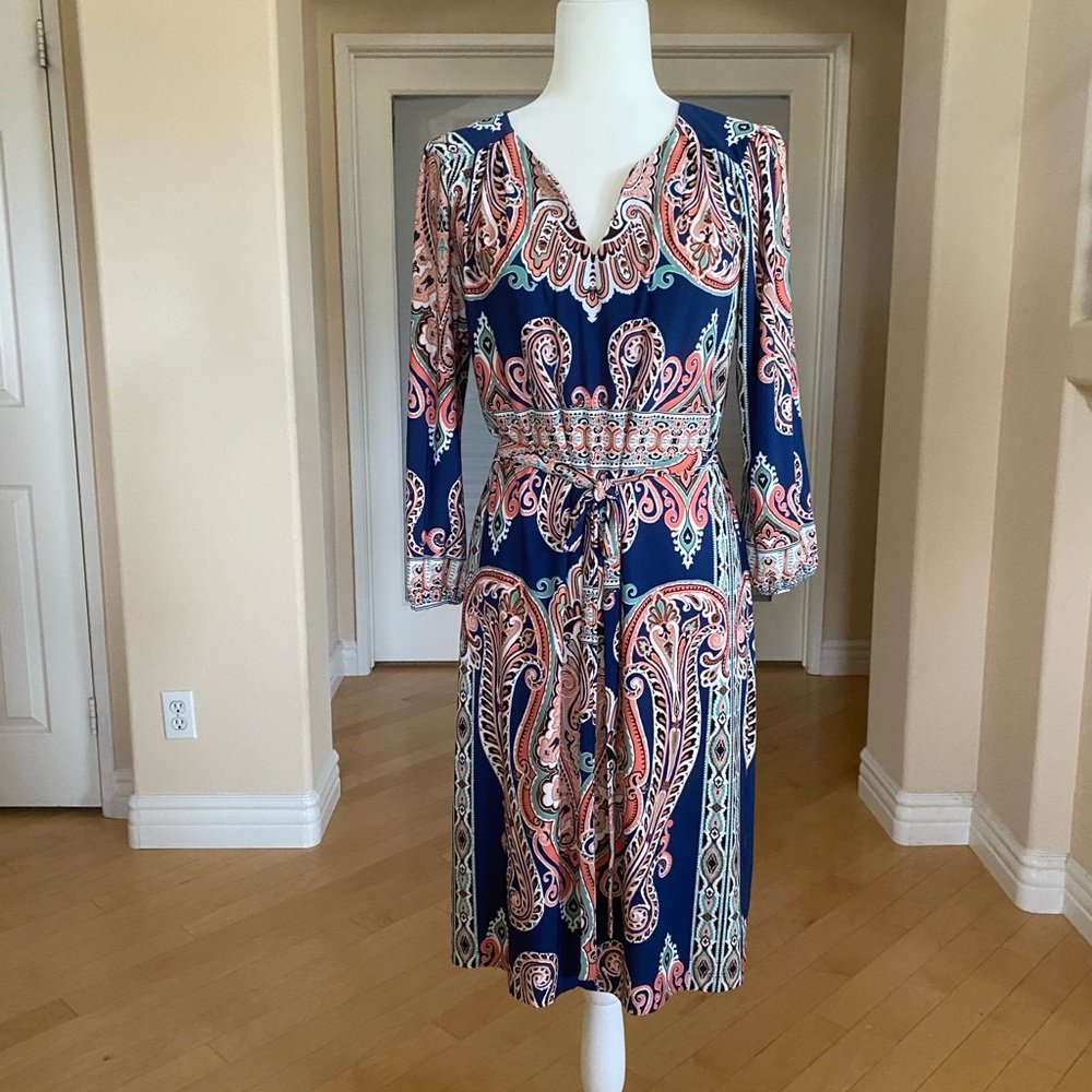 Luxology Blue and Peach Paisley Long Sleeve Tie Belted Dress